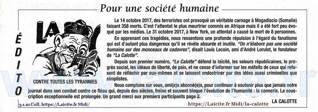 "Pour une société humaine" La Calotte n° 539, 4e trim. '17 © Laicite.fr